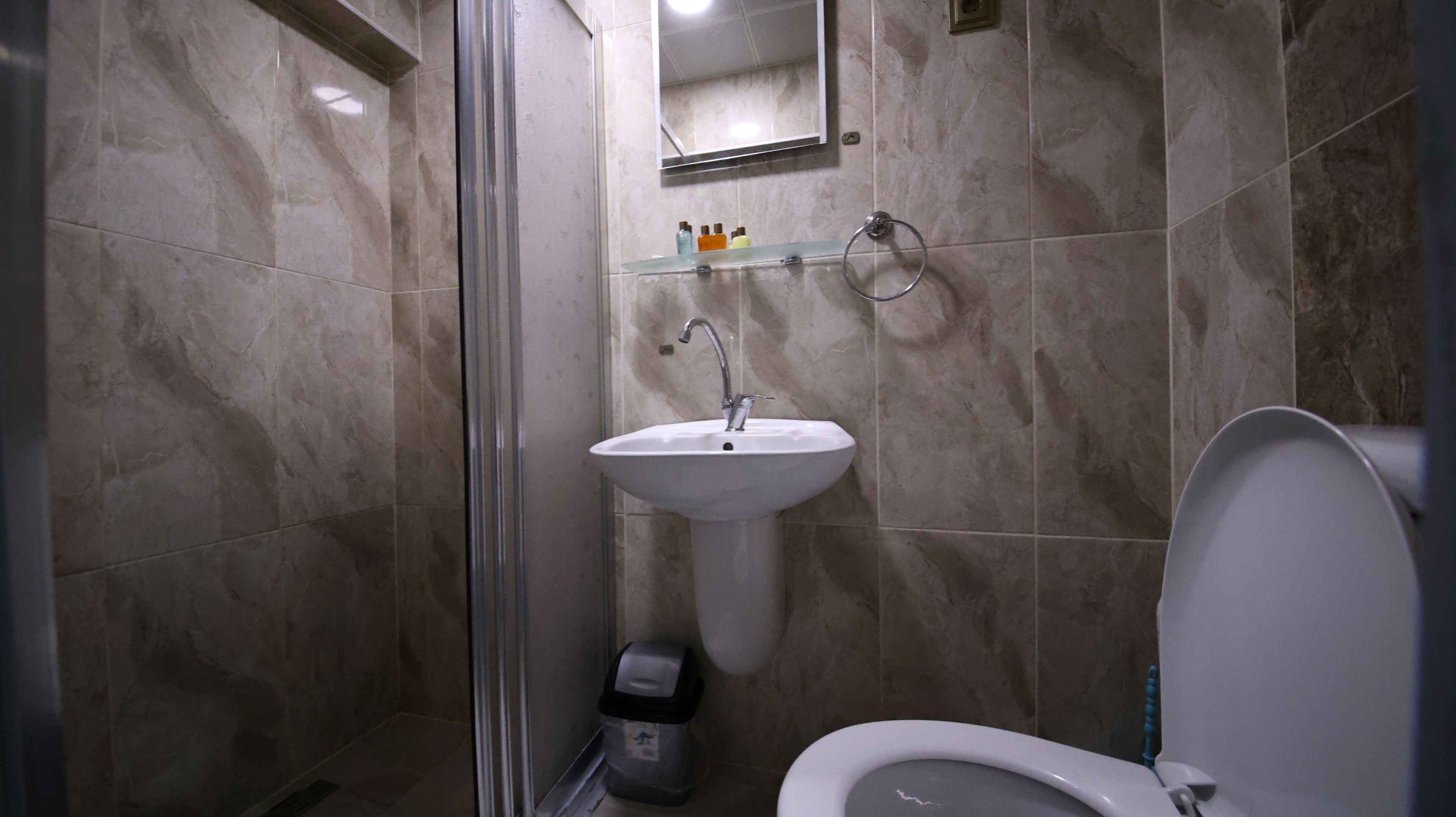 A bathroom with a white sink, a mirror above it, and a toilet.