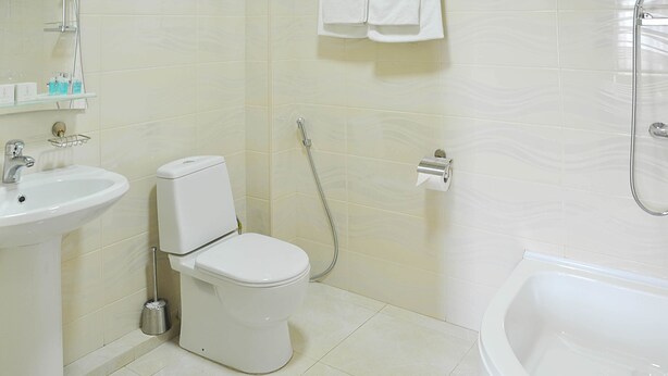 A bathroom with a toilet, sink, and bathtub. - Hotel Gremi (Tbilisi)