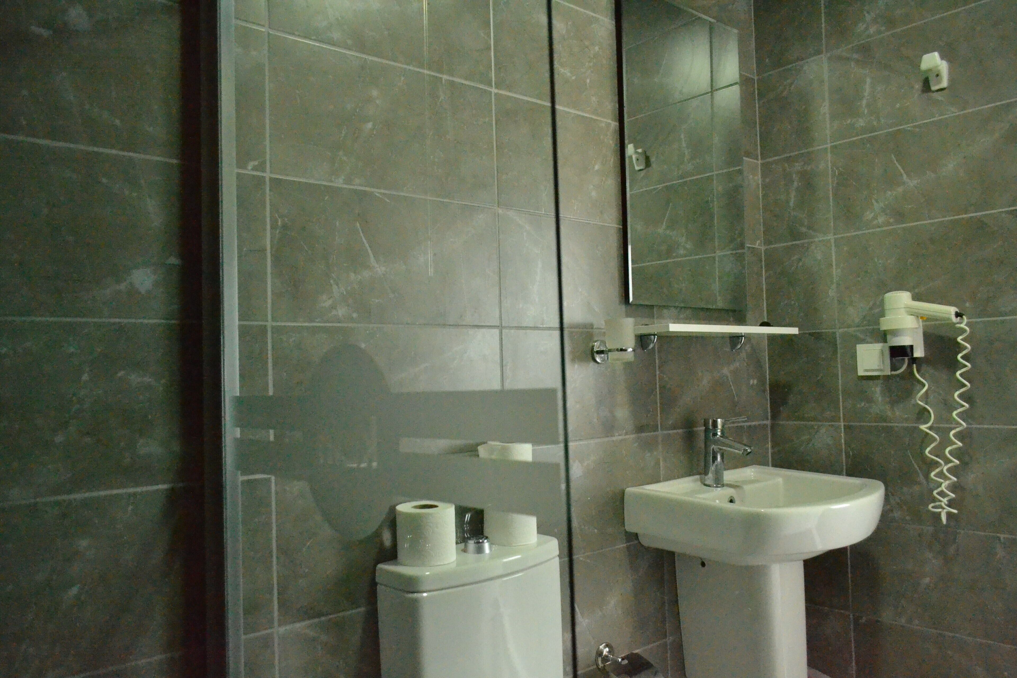A bathroom with a toilet, sink, and mirror.