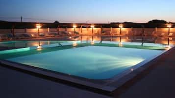 Outdoor pool, pool umbrellas, pool loungers