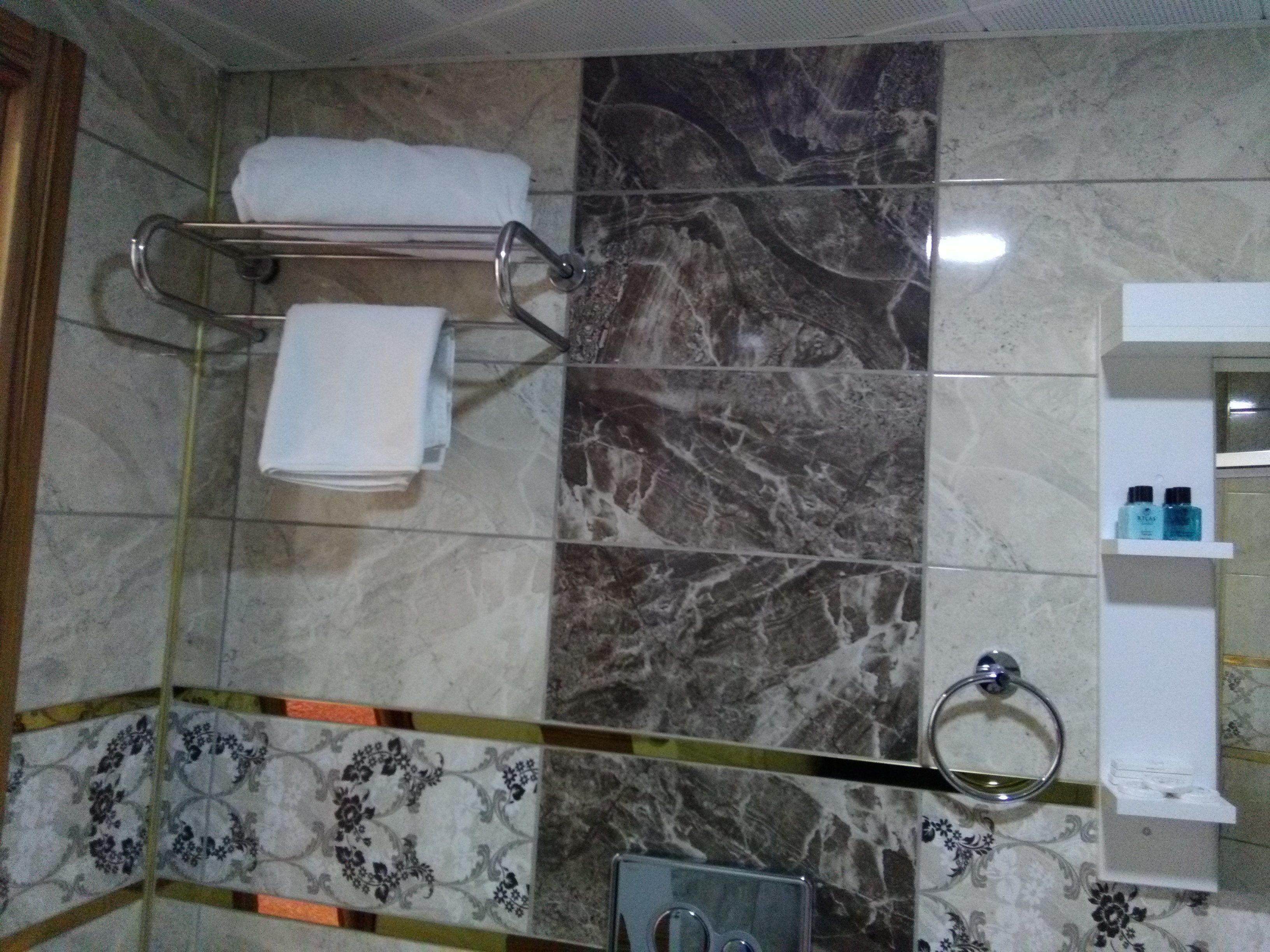 A bathroom with a marble wall, a towel rack with two towels, a toilet paper holder, and a small shelf with toiletries.
