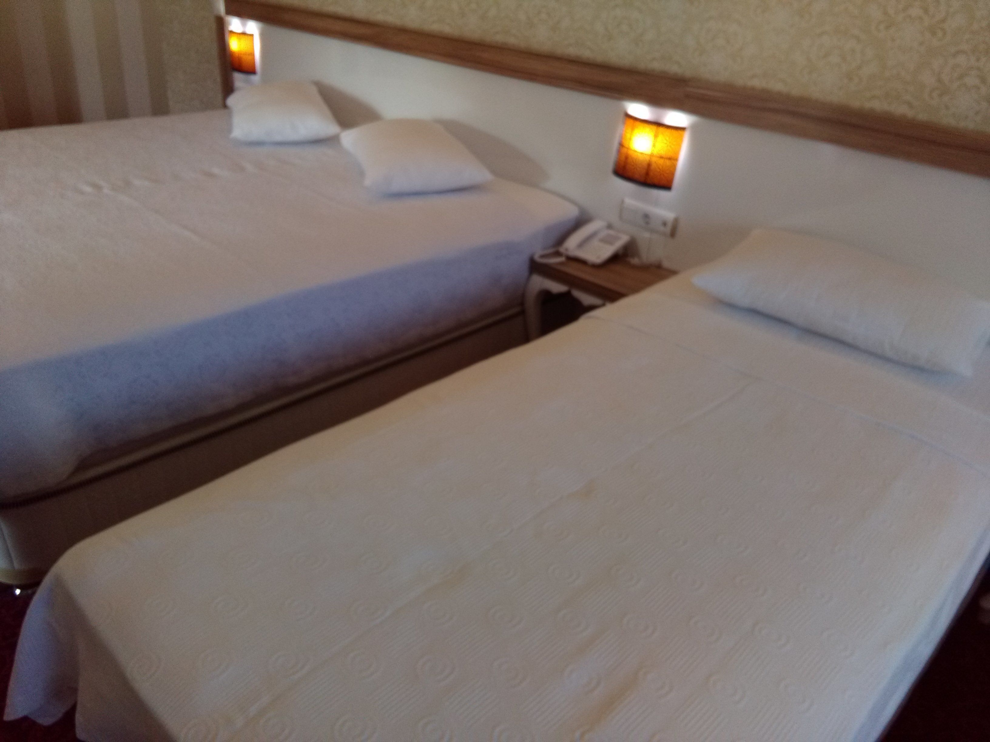Two single beds with white linens and pillows, a bedside table with a lamp, and a wall-mounted phone.