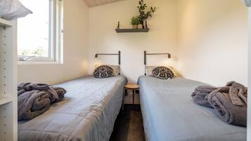 Une petite chambre agréable, dotée de deux lits simples, d’une petite table et d’une étagère ornée de plantes.