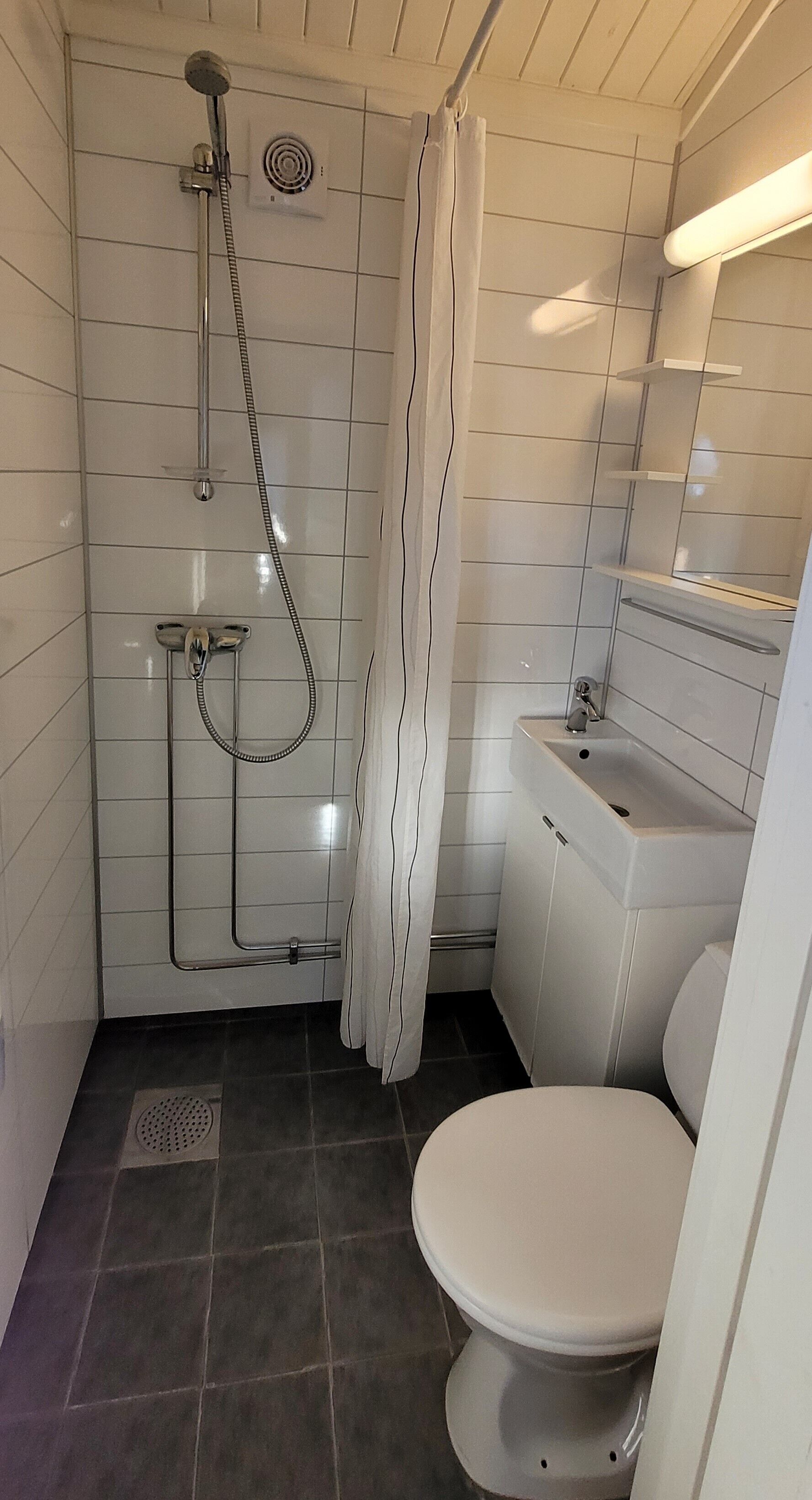 Un baño pequeño y funcional con ducha, inodoro y lavabo.