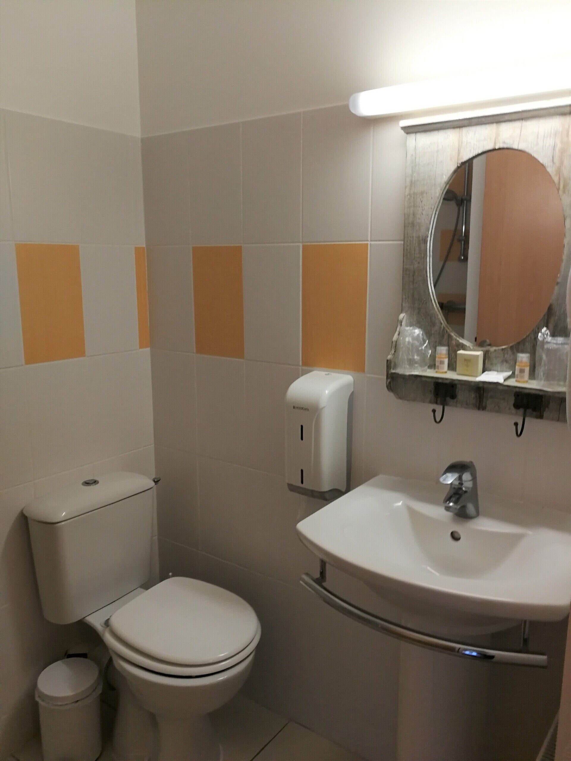A bathroom with a toilet, sink, and mirror.