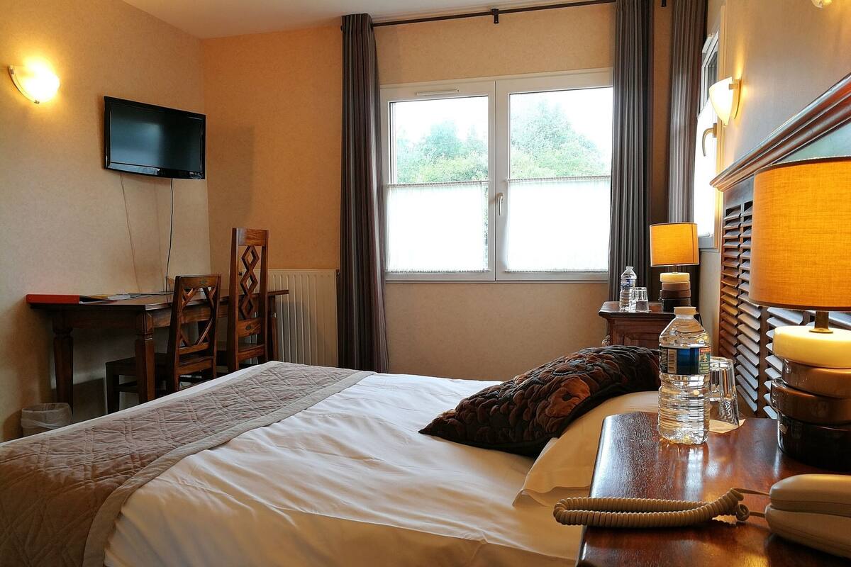 Hotelkamer met een bed, een bureau met stoel, een televisie, een raam met gordijnen en een lamp.