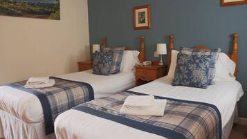 A hotel room with two beds, each with a plaid bedspread and pillows, a bedside table with a lamp, and a framed picture on the wall.