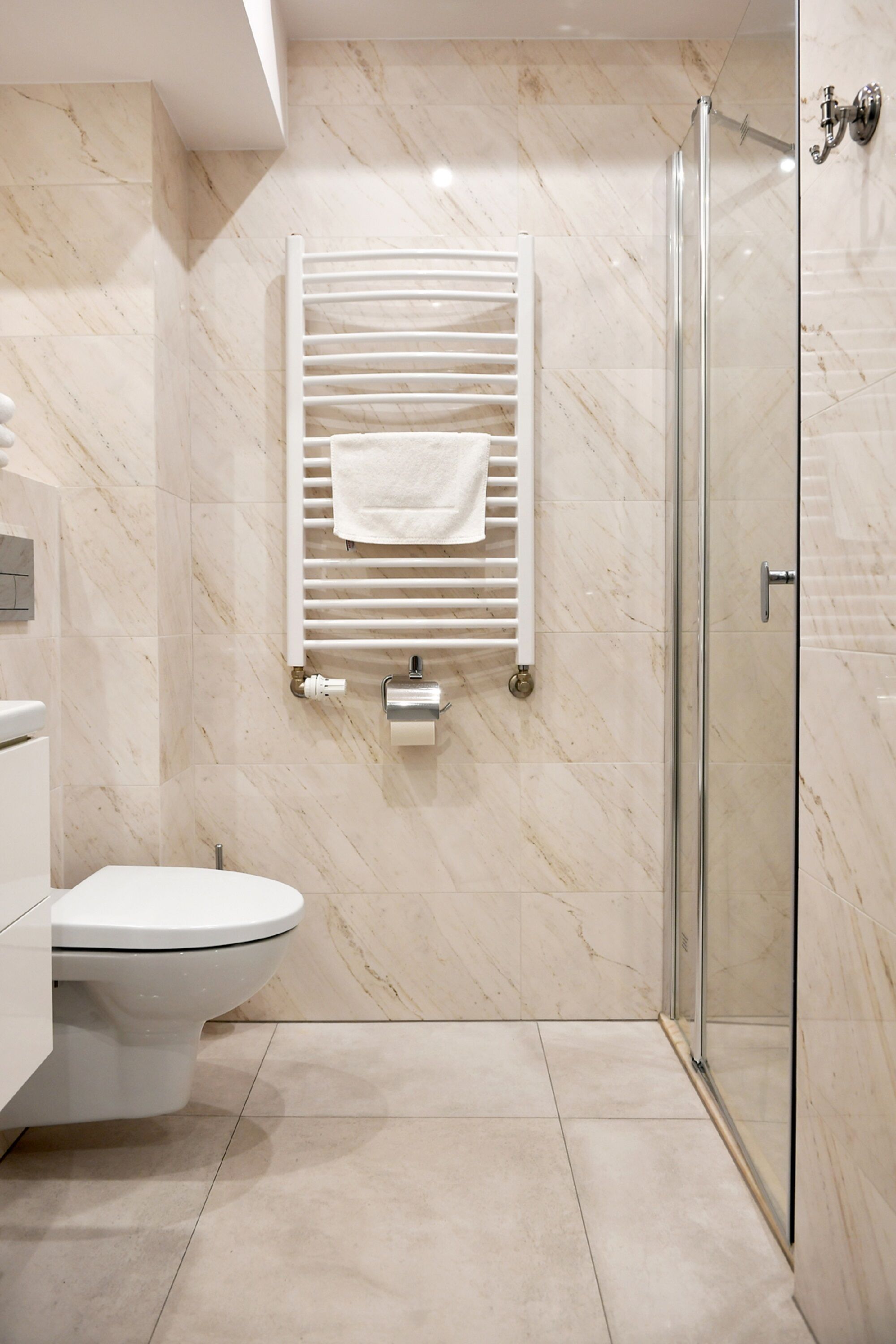 Ein modernes Badezimmer mit Toilette, einer Duschkabine aus Glas und einem Handtuchhalter mit einem weißen Handtuch.