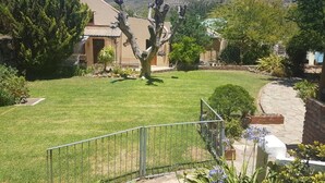 Un quartier résidentiel avec une pelouse bien entretenue, un arbre aux branches apparentes et une montagne en arrière-plan.