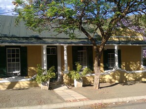 A yellow house with green shutters, white columns, and a tree in front.