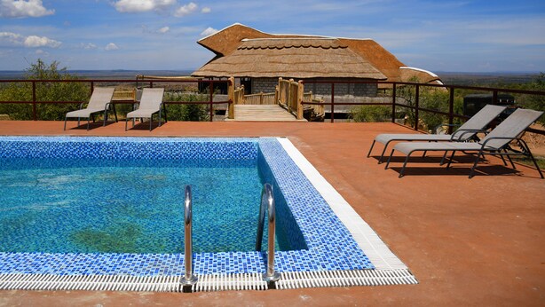 A pool with lounge chairs and a building with a thatched roof.