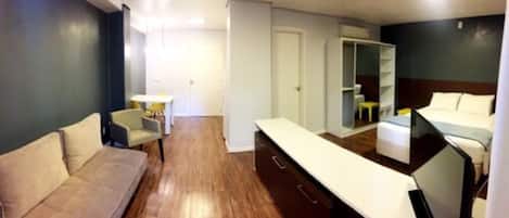 Desk, blackout drapes, soundproofing, iron/ironing board