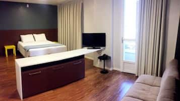 Desk, blackout curtains, soundproofing, iron/ironing board