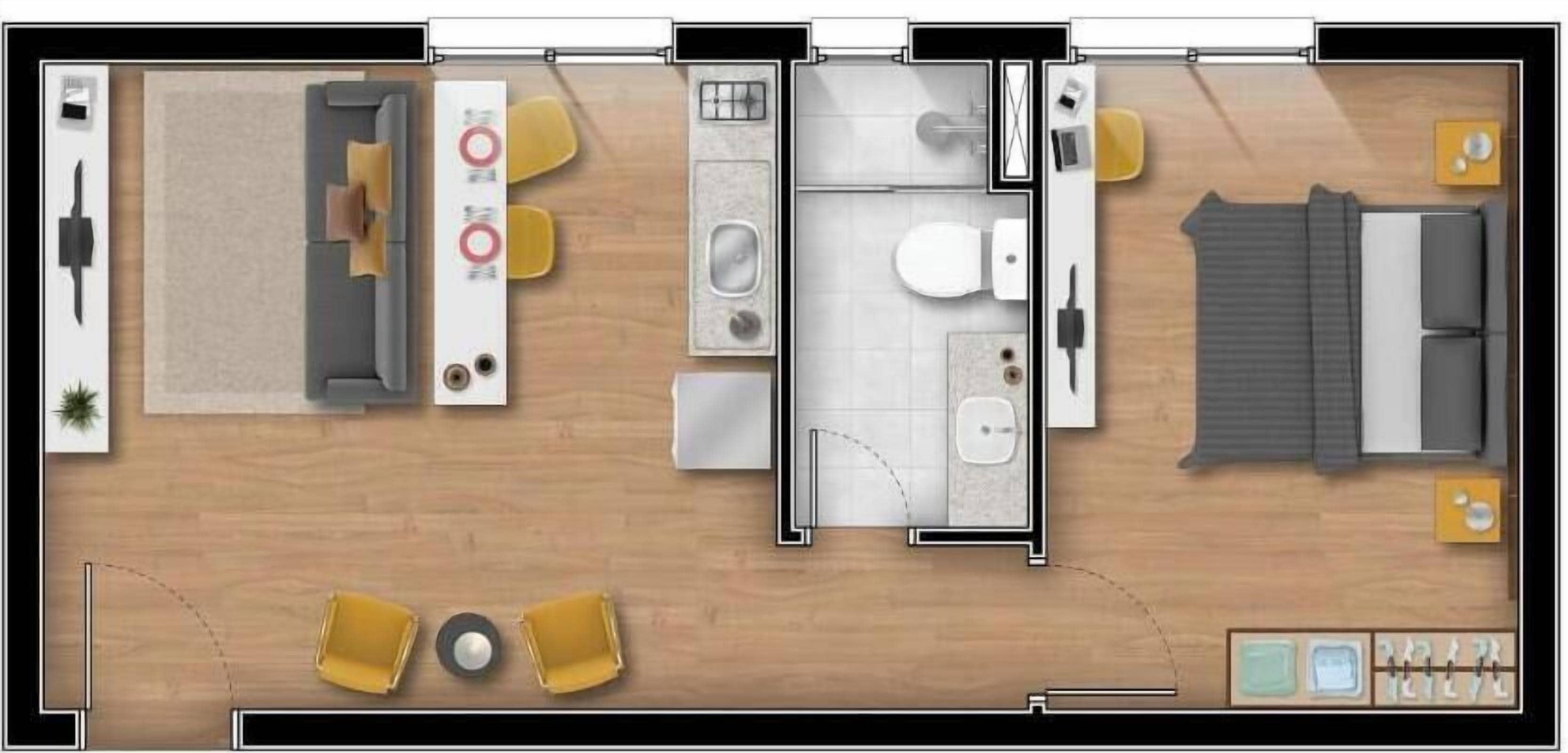A hotel room layout with a living area, kitchenette, bathroom, and a small balcony.