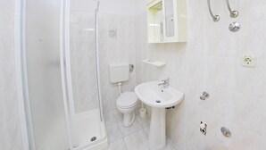 A modern bathroom with a glass-enclosed shower, a toilet, a sink, and a mirror above the sink. - Storia di Mare Apartments (Rasa)