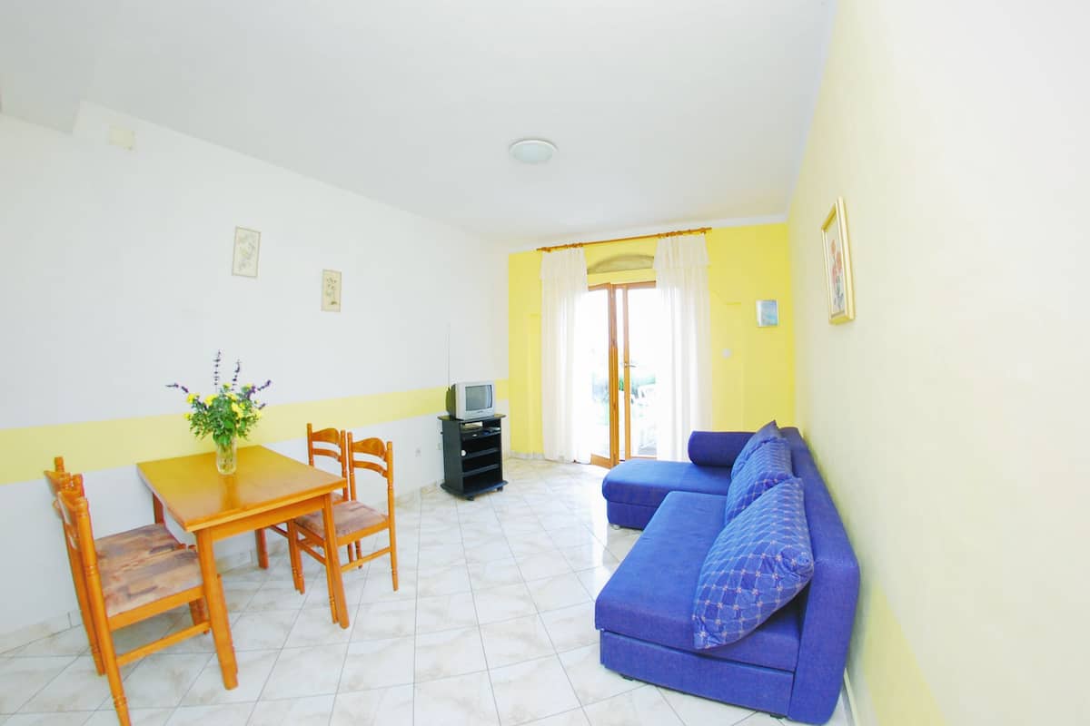 A living room with a blue sofa, wooden dining table, chairs, a TV, and a plant.