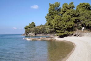 Perto da praia, guarda-sóis, prática de mergulho livre no local 