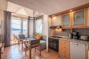 Una cocina moderna con estufa, horno y cafetera, un comedor con sof á y sillas, y un balcón con vistas.