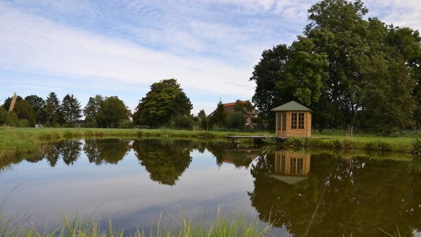 Un étang paisible, avec une structure en bois qui se reflète dans l’eau, entouré d’une végétation luxuriante et d’arbres.