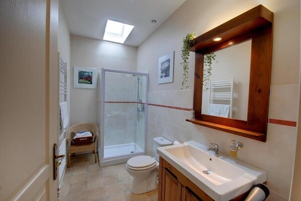 A bathroom with a shower, toilet, sink, and a mirror.