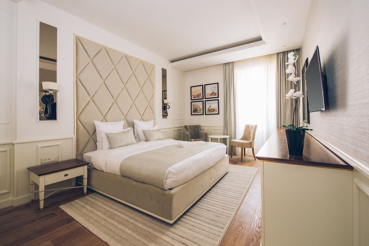 A modern hotel room with a large bed, a small bedside table, a chair, a desk, and a potted plant.