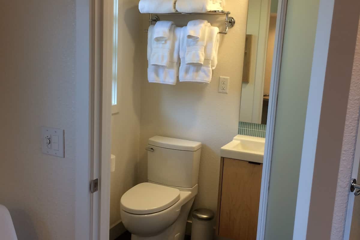 room, 1 queen bed, refrigerator | bathroom | shower, towels