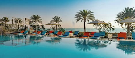Outdoor pool, pool umbrellas, pool loungers