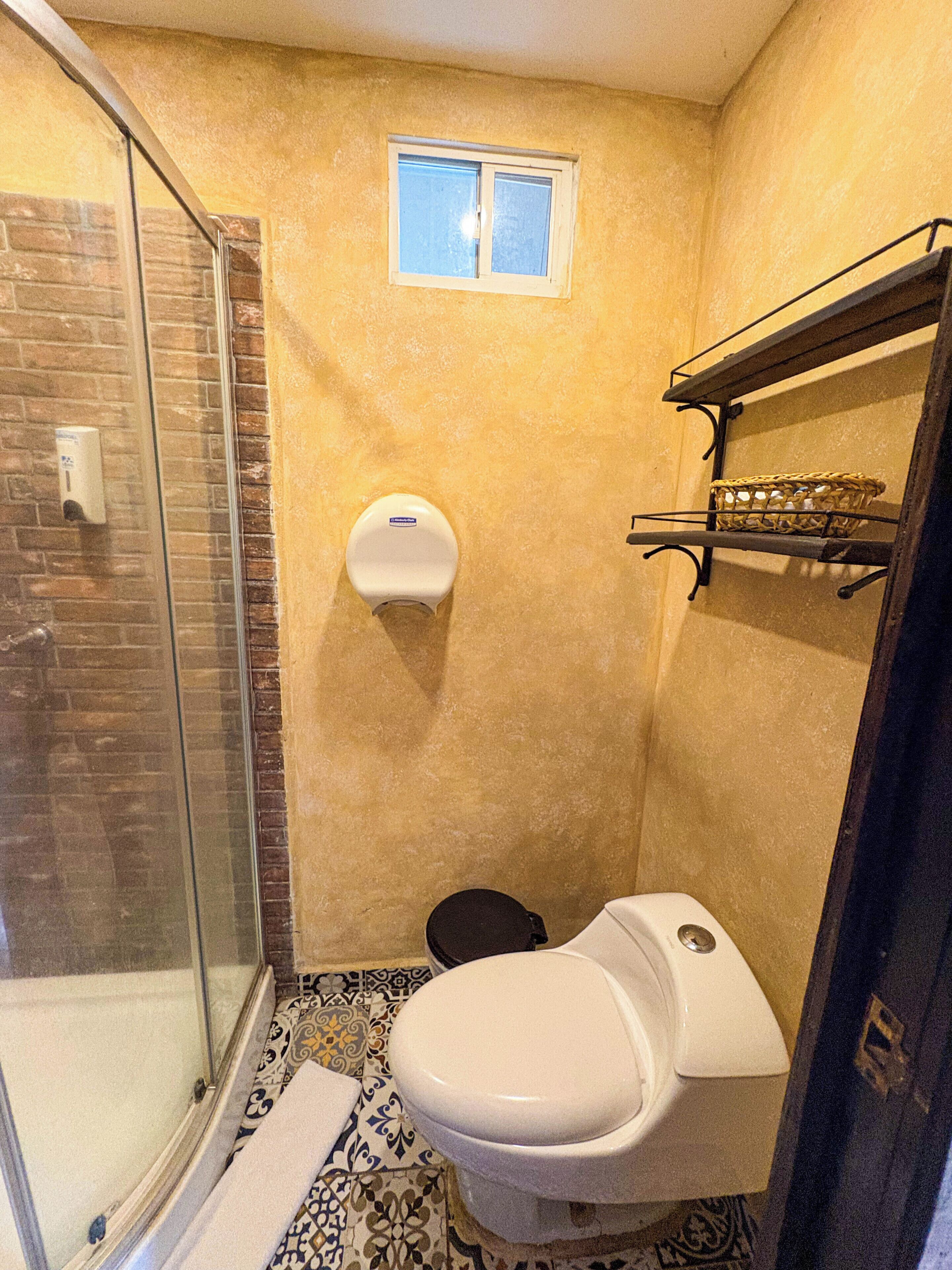 Baño con ducha, inodoro y una pequeña ventana.
