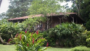 A wooden house with a red roof surrounded by lush greenery. - Casa Grande Ecolodge at Pacuare Reserve (Matina)