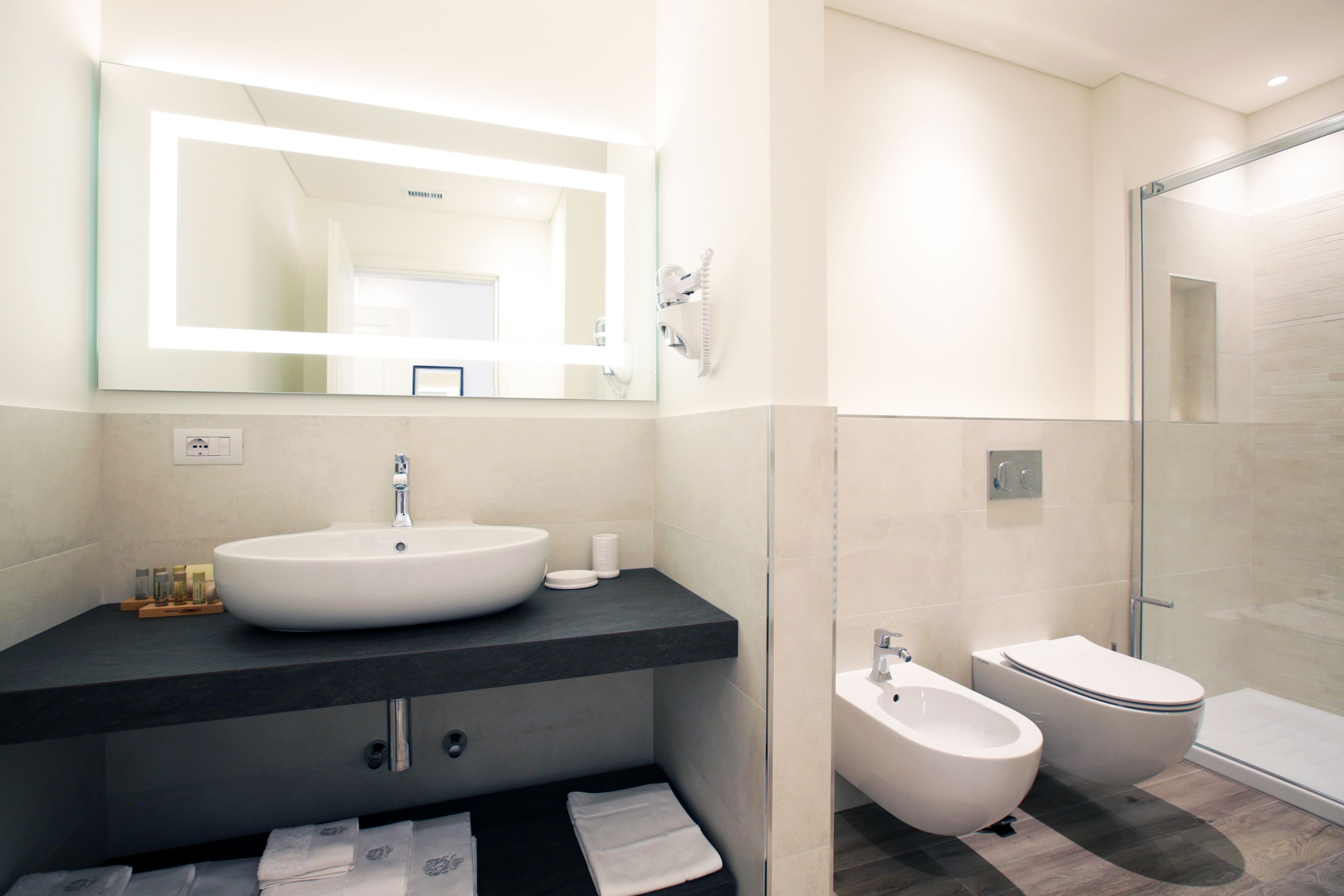 Une salle de bain moderne avec un grand miroir, un lavabo rond, un bidet et un espace douche.