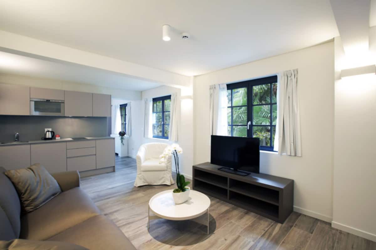 A modern living room with a sofa, a coffee table with a plant, a TV, and a kitchen area in the background.