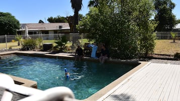 Seasonal outdoor pool, sun loungers