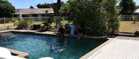 Seasonal outdoor pool, pool loungers