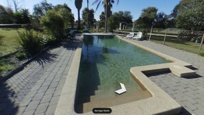 Une piscine rectangulaire à l’eau claire, entourée d’un chemin pavé et de palmiers.