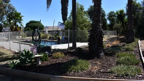 Un espace extérieur clos, doté d’une piscine, de palmiers et d’un jardin avec différentes espèces de plantes.