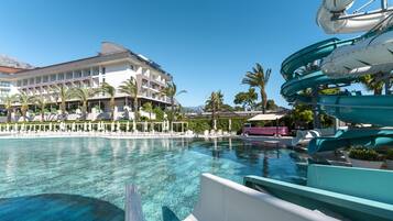 Indoor pool, outdoor pool, pool umbrellas, sun loungers