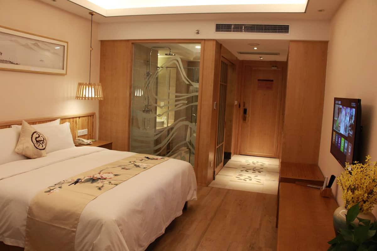 Una habitación de hotel con cama, televisión, mueble de madera y zona de ducha.