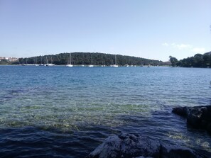 A calm body of water with boats and a forested hill in the background. - Villa MaVeRo (Medulin)