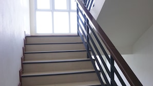 Un escalier avec des rampes en bois et des marches de couleur beige, menant à un palier doté d’une grande fenêtre.