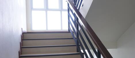 Una escalera con barandillas de madera y peldaños color beige que conduce a una plataforma con un ventanal grande.