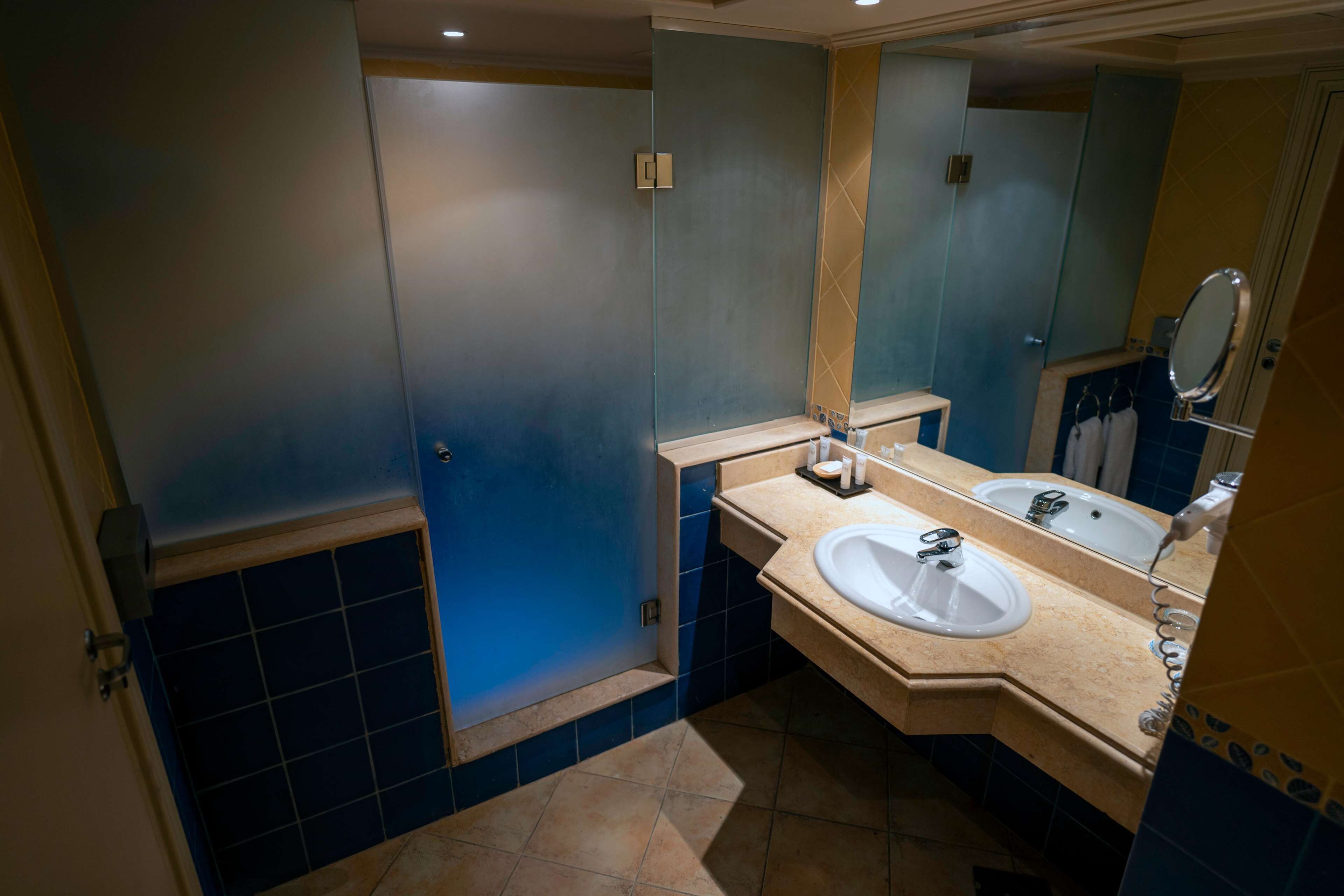 Un baño con dos lavamanos, un espejo y una ducha.