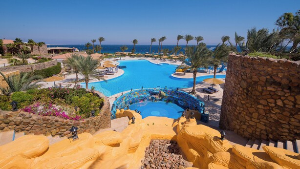 Un resort con una amplia piscina, palmeras y vista al océano.