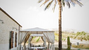 Un espacio al aire libre con techo, mesas, sillas, una palmera y cactus.