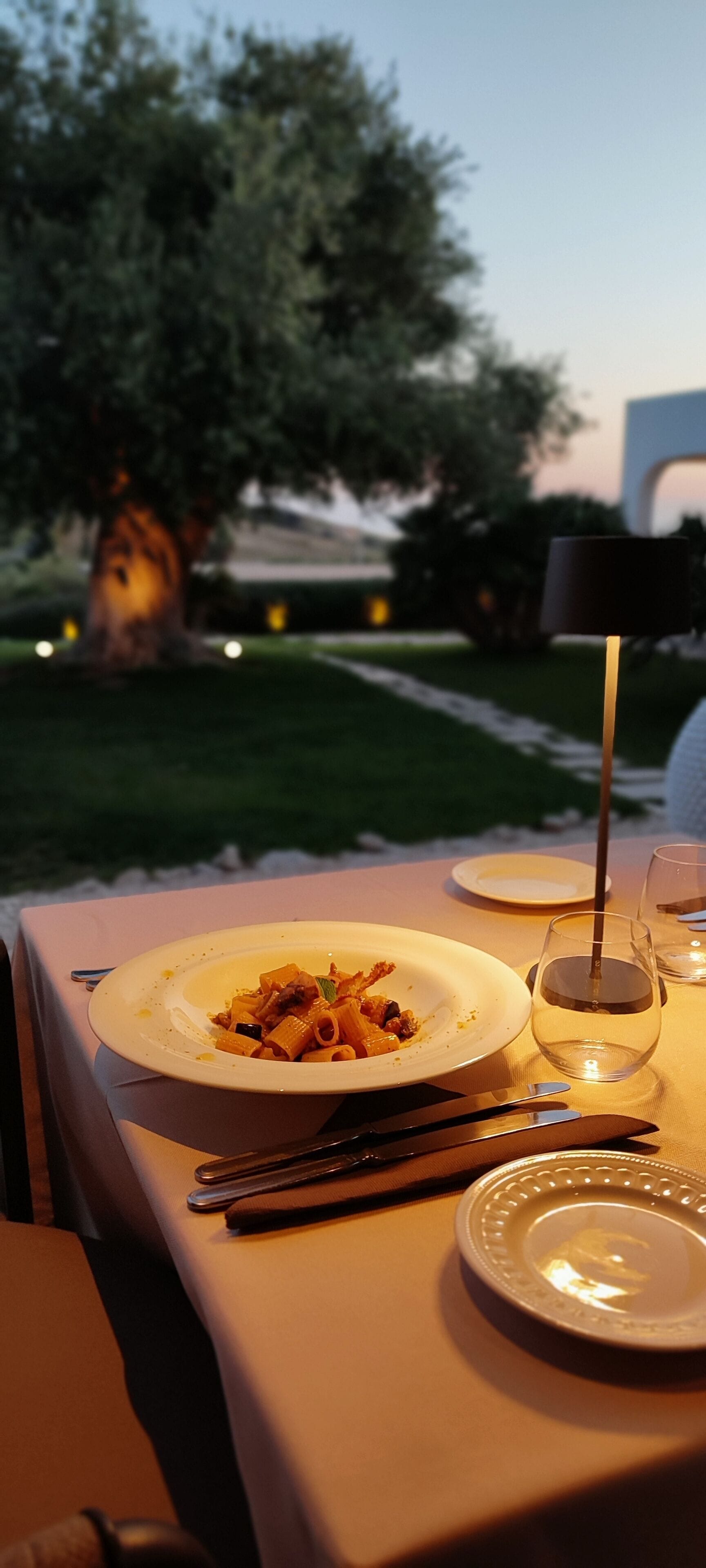 A table set for dinner with plates, cutlery, and a wine glass, outdoors with a tree and a lamp in the background.