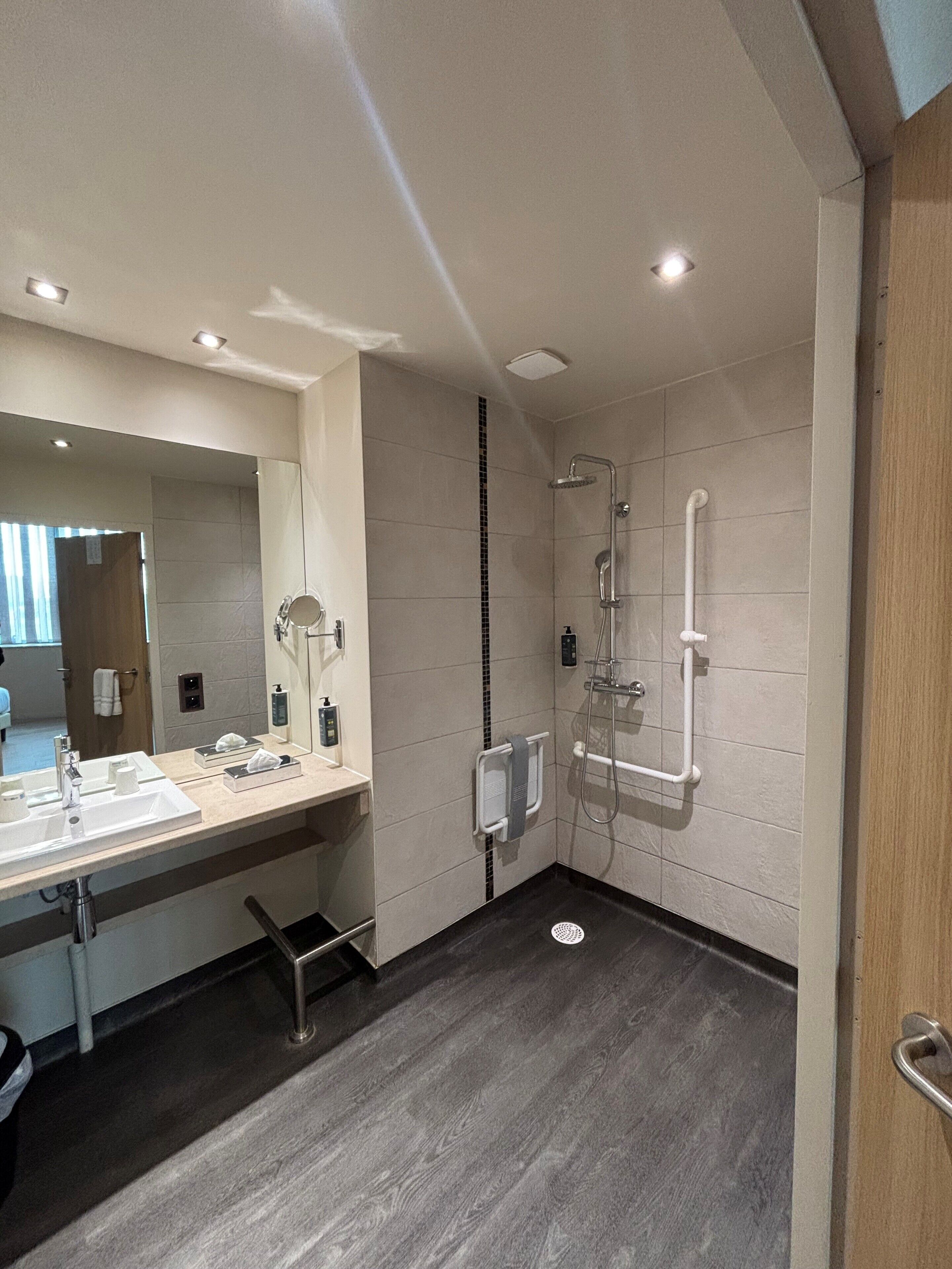 A modern bathroom with a vanity, a shower, and a toilet.