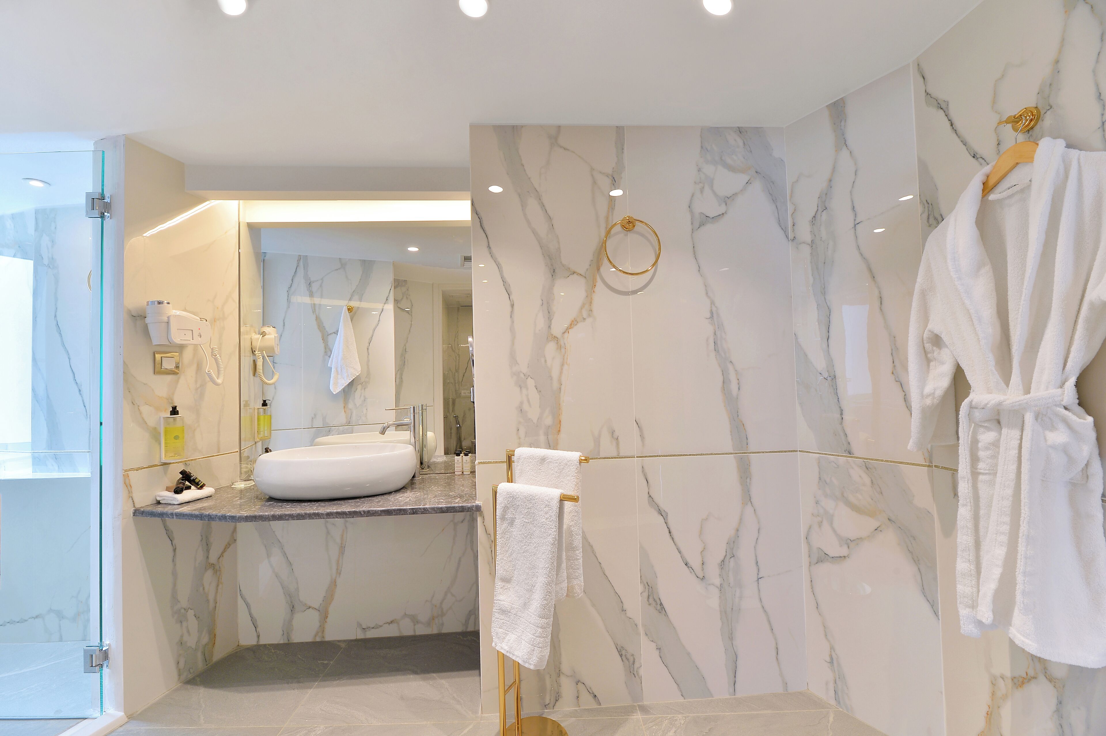 divine athens with acropolis view | bathroom | rainfall showerhead, free toiletries, hair dryer, slippers