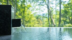 A water feature with a clear view of a forested area in the background.