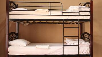 A bunk bed with two levels, each with a mattress and pillows.