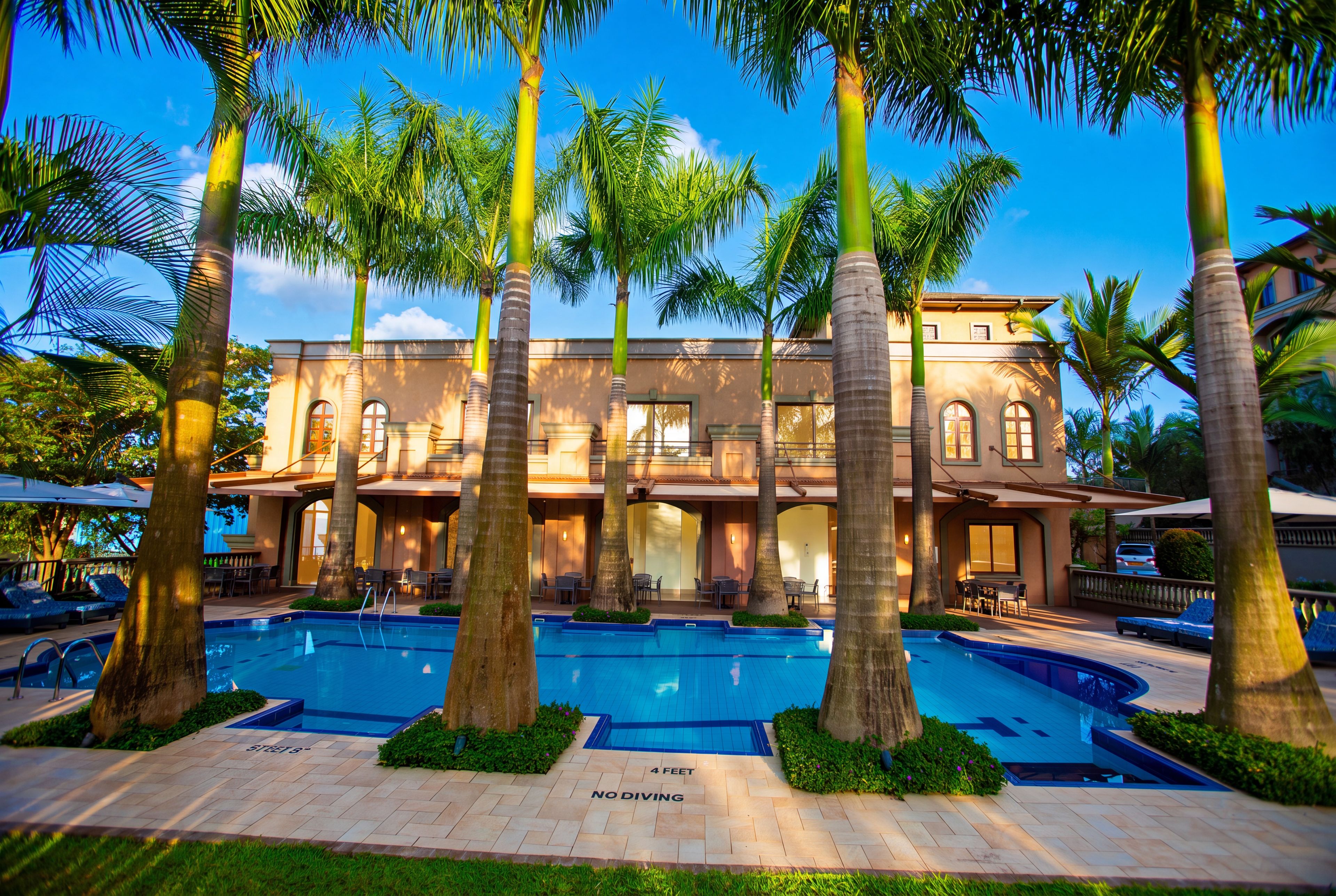 A resort with a swimming pool, palm trees, and a building with multiple windows and balconies.