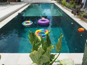 A swimming pool with clear water, surrounded by a concrete deck. There are three colorful inflatable rings floating in the pool. - Dragon Dive Komodo Dive Resort (Labuan Bajo)